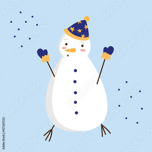 Surprised cartoon snowman wearing a blue hat and mittens. Vector flat illustration.