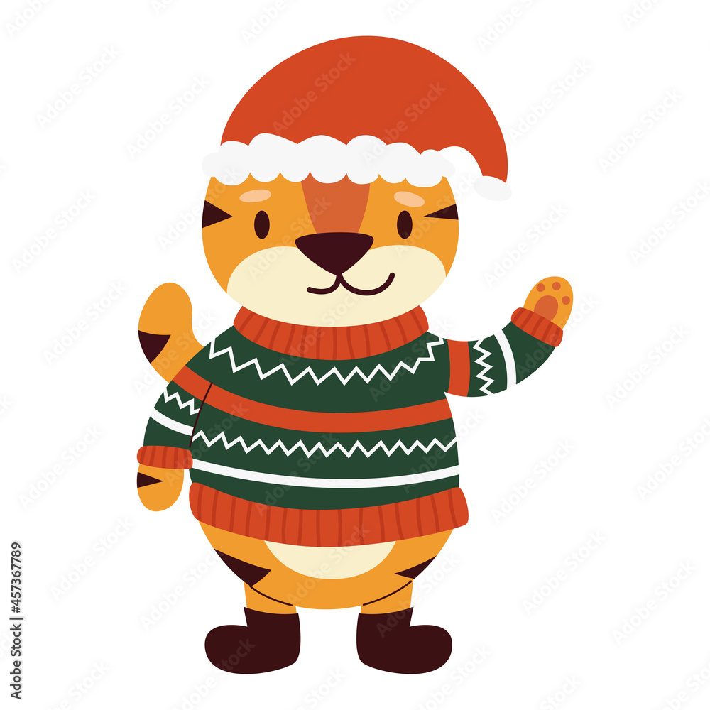 A kind cartoon tiger in a red hat and green sweater warmed up for winter and waving his paw hello. Vector flat illustration A kind cartoon tiger in a red hat and green sweater warmed up for winter and waving his paw hello. Vector flat illustration