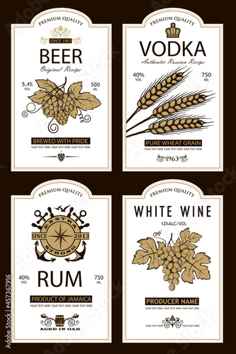 collection of vodka, wine, beer and rum labels isolated on white background