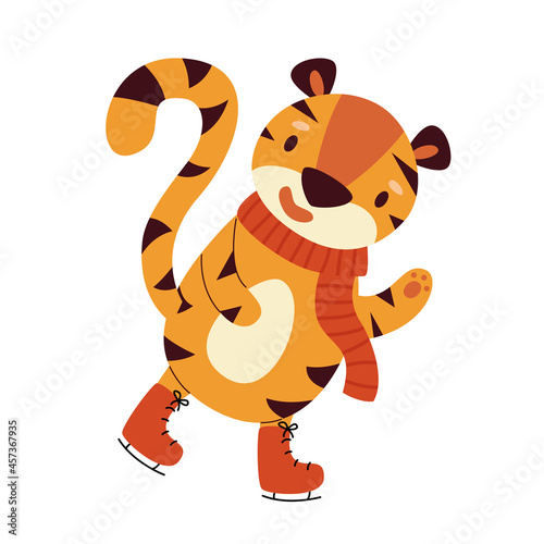 Fototapeta Naklejka Na Ścianę i Meble -  Cheerful cartoon tiger is skating in red skates and a scarf. Year of the Tiger and Happy New Year. Vector flat illustration