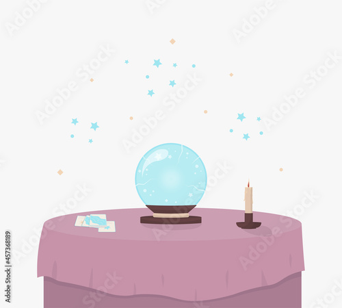 Crystal ball, tarot and candle on the table. Concept vector illustration in flat style.
