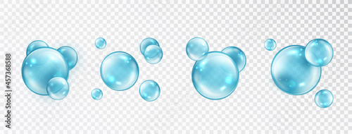 Blue Bubble Collection. Transparent soap or water bubbles. Realistic vector blue pure drops, water bubbles or glass balls template