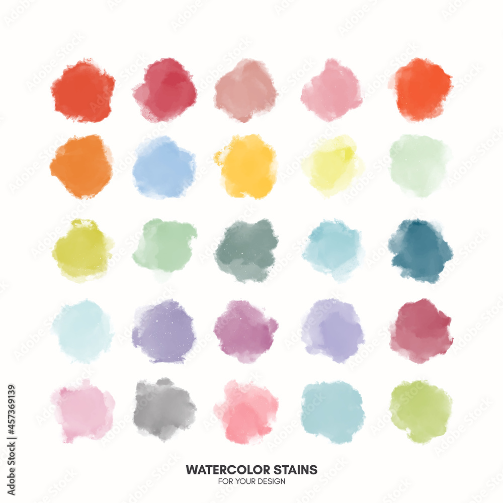Set of colorful watercolor hand painted round shapes, stains, circles, blobs isolated on white. Illustration for artistic design