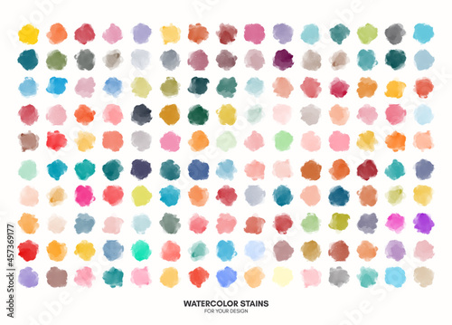 Set of colorful watercolor hand painted round shapes, stains, circles, blobs isolated on white. Elements for artistic design