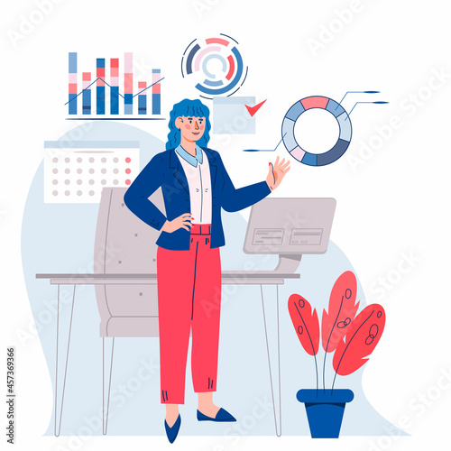 Successful business woman in office, cartoon flat vector illustration isolated on white background. Financial consultant, successful prosperous business person, woman boss.