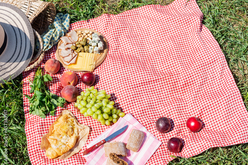 Summer picnic in the park on the grass. Cheese, fruit and croissants