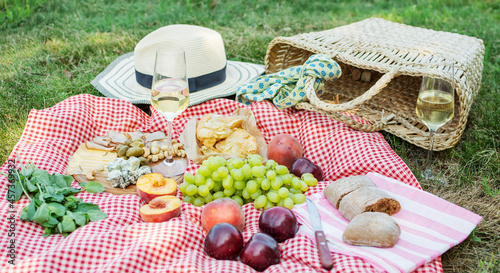 Summer picnic in the park on the grass. Wine, fruits and croissants