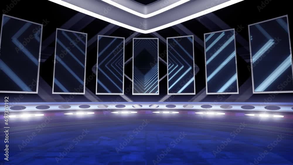 Virtual stage background with led screens, ideal for live music events or TV shows. Video loop backdrop, suitable on VR tracking system sets, with green screen
