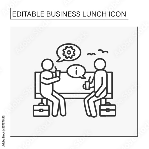 Meeting line icon.Working meeting at lunchtime outside. Communication between workers. Business lunch concept. Isolated vector illustration. Editable stroke