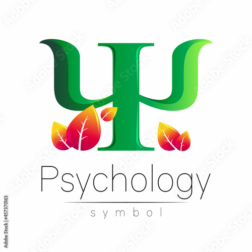 Modern Vector logo of Psychology Green Letter Psi with Leaves in Creative style. Logotype in vector. Design concept. Brand company. Isolated on white background.