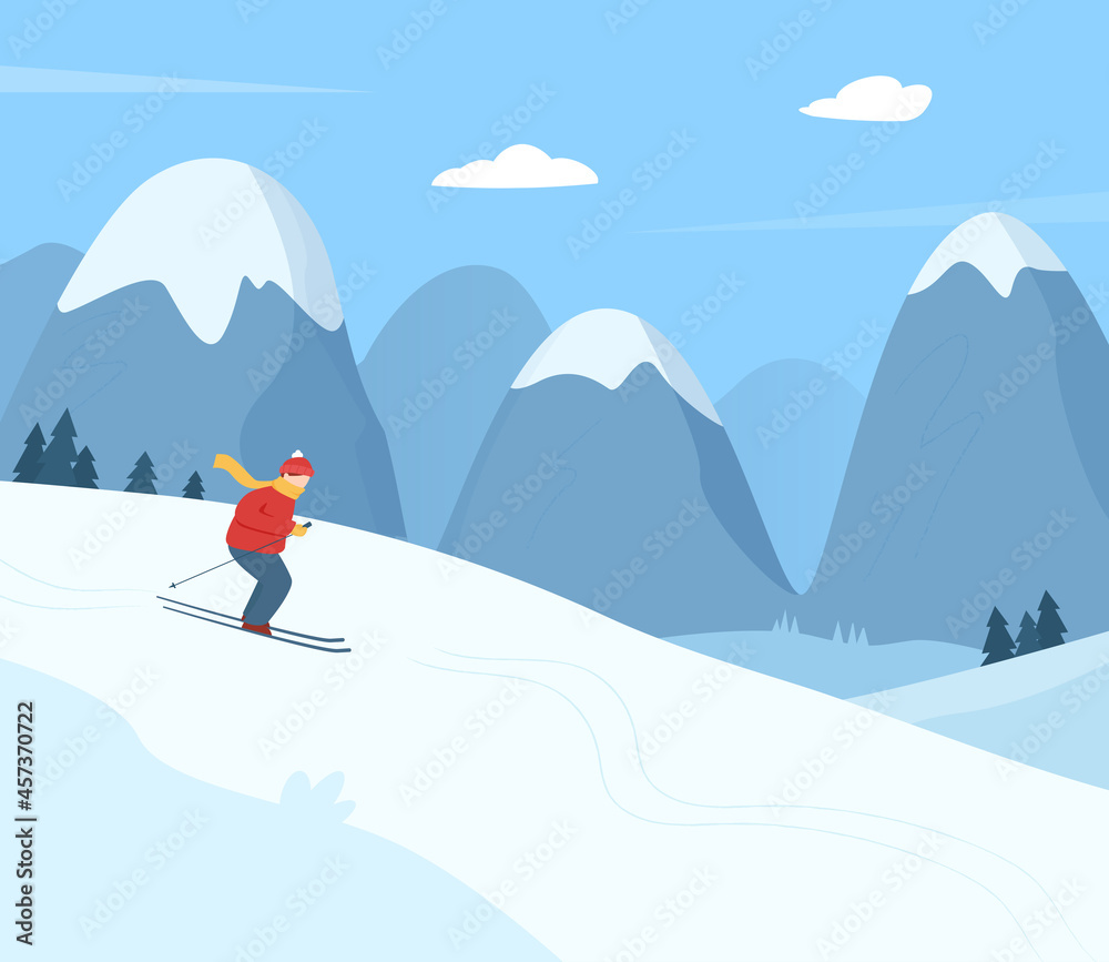 A person is skiing in the mountains in winter day. Flat cartoon illustration of winter activity.