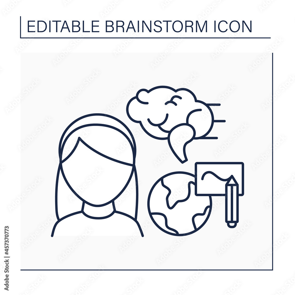 Writing line icon. Writing and drawing activate thinking in kids. Globe. Brainstorm concept. Isolated vector illustration. Editable stroke Writing line icon. Writing and drawing activate thinking in kids. Globe. Brainstorm concept. Isolated vector illustration. Editable stroke