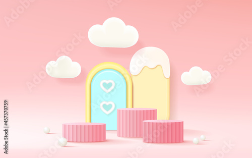 3D rendering podium kid style with pastel color background, clouds and weather with space for kids or baby product.