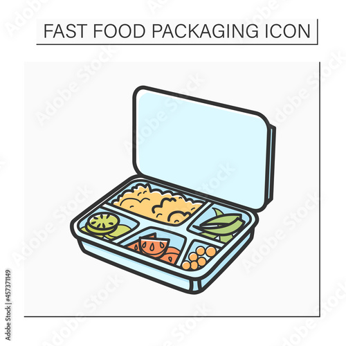  Lunchbox color icon.Container filled with rice,tomato,boiled egg and asparagus.Disposable box with healthy meal .Take away.Fast Food Packaging.Isolated vector illustration