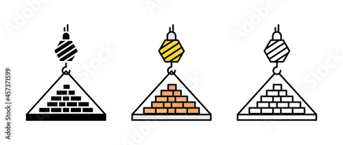 Crane transport and brick construction icon set. Engineering icon. Art vector illustration set. Editable row set. Silhouette, colored and linear icon set.