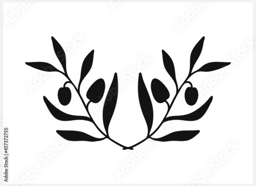 Doodle olive wreath. Branch with leaf and fruit isolated on white. Frame, border for design. Vector stock illustration. EPS 10
