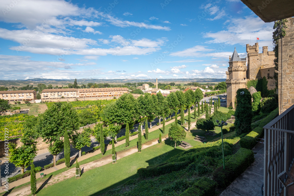  Olite village with its Royal Palace in Navarre, Spain on July 2021