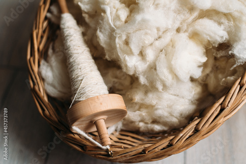 Sheep wool and yarn in a wicker basket photo