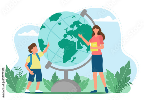 The teacher explains the lesson. Learning, boy in geography lesson. Student internship or tutor. Vector illustration in flat style