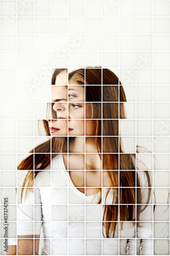 young brunette woman defragmented photo