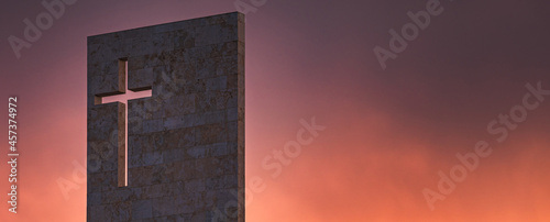 Red sunset on the sky above a modern church with christian cross and copy-space, banner