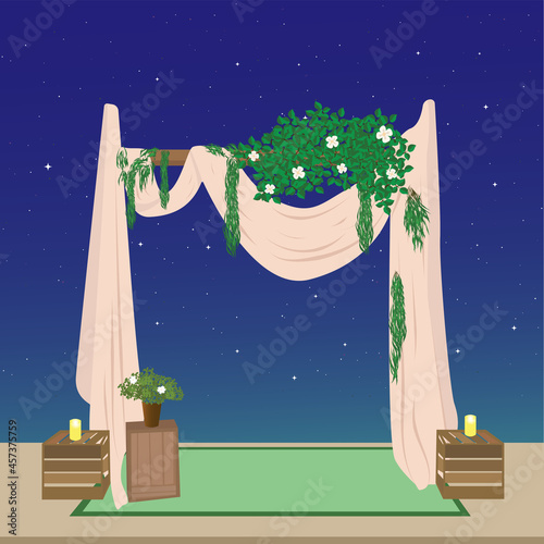 Wedding gate vector design decorated with flowers, plants and candles.