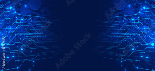 A blue banner of old technology and new using computer circuits and old machine cogs