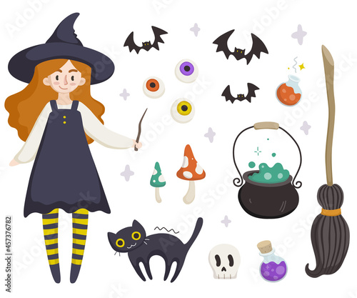 Cute collection of teenage red hair witch with cat, bat, broom, cauldron potion, eyes, mushrooms. Vector doodle set for design.