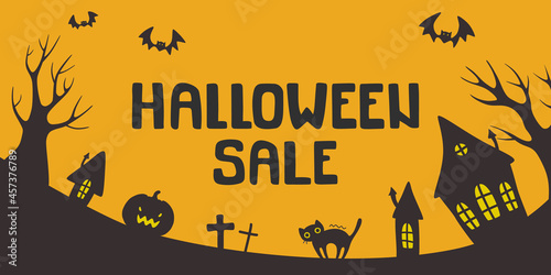 Halloween sale banner. Dark silhouette of creepy houses, cemetery, pumpkin, cat and trees.