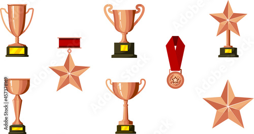 Collection of bronze medals, cups, stars and badges vector flat illustration. The set of trophies or awards for the winners is isolated. Metal symbols of success, superiority and triumph
