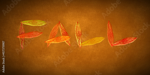 Napis z jesiennych liści na planszy w kolorach zgniłych liści. Nadaje sie na tło