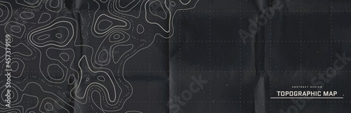 Topographic map abstract background. Outline cartography landscape. Topographic relief map on dark backdrop. Modern cover design with wavy lines. Vector illustration with weather map outline pattern.