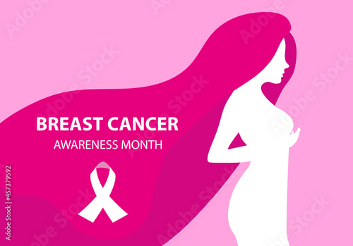 Breast Cancer Awareness Month. Silhouette woman checks her breasts template for your design poster, banner. Vector illustration