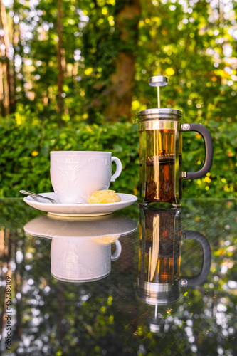 Сup of tea with french press on green forest and nature background. Cozy autumn mood. 