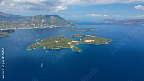 Aerial drone panoramic photo of iconic vegetated paradise island of Skorpios formerly owned by Aristotle Onassis, Lefkada island, Ionian, Greece