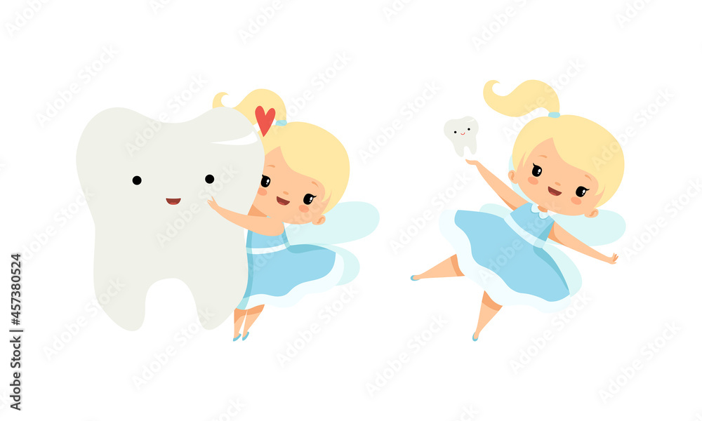 Cute Little Tooth Fairy with Blond Hair and Ponytail with First Baby Tooth Vector Set