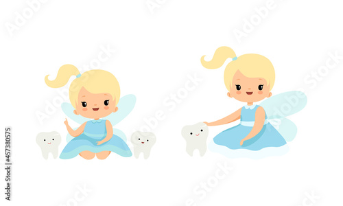 Cute Little Tooth Fairy with Blond Hair and Ponytail Sitting with First Baby Tooth Vector Set