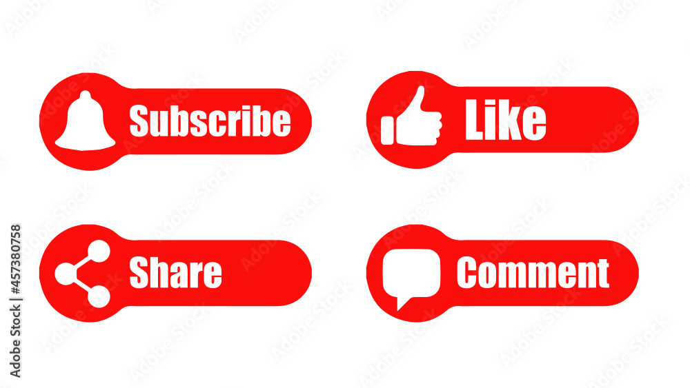 Red buttons like, share, subscribe and comment Stock Vector | Adobe Stock