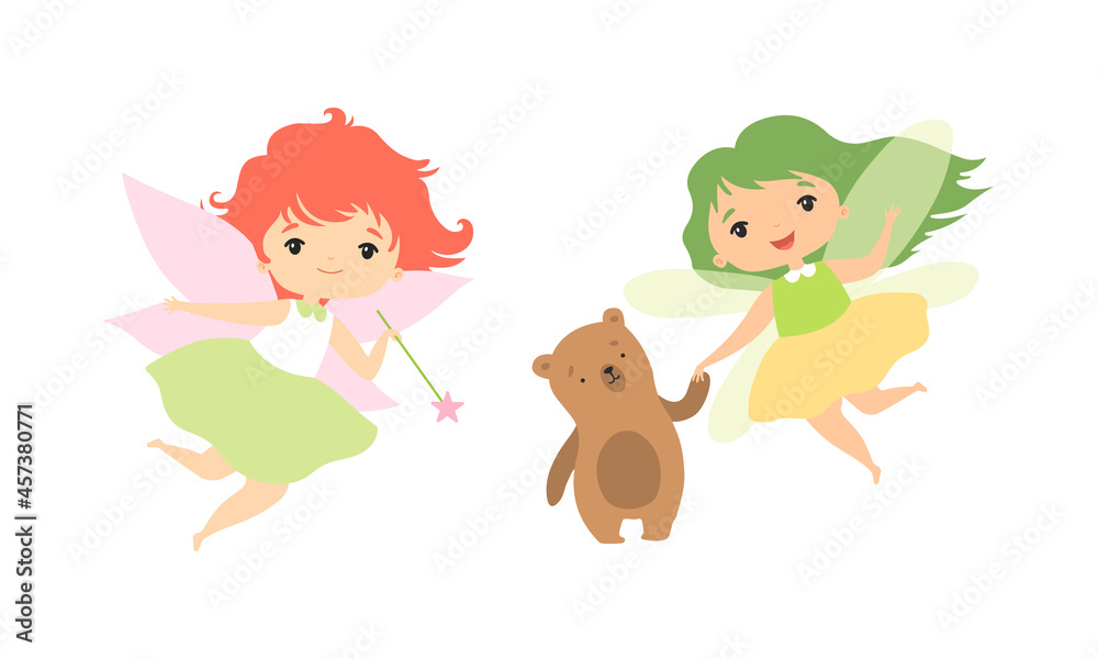 Little Fairy or Pixie with Wings as Woodland Nymph Hovering with Magic Wand Vector Set