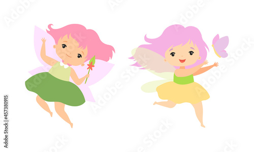 Little Fairy or Pixie with Wings as Woodland Nymph Hovering with Magic Wand and Butterfly Vector Set