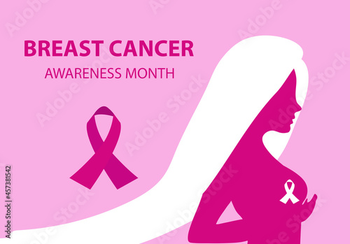 Breast Cancer Awareness Month. Silhouette woman checks her breasts template for your design poster, banner. Vector illustration