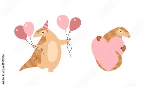 Pangolin or Scaly Anteater with Clawed Paw Holding Heart and Balloon Vector Set