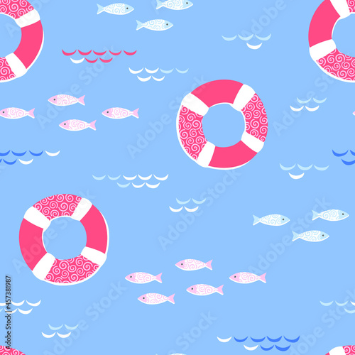 Seamless baby pattern with life buoys and fishes on the sea.