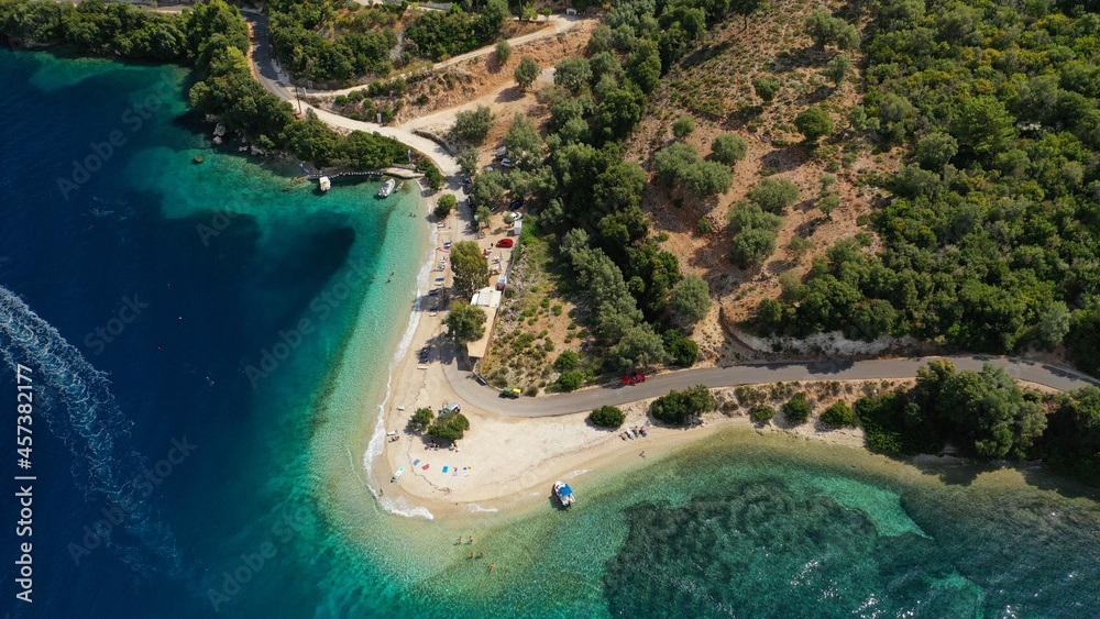 Aerial drone photo of paradise turquoise beach of Amoglossa meaning a sand tongue with crystal clear sea, Ionain, Greece
