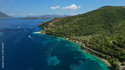Aerial drone photo of paradise turquoise beach of Amoglossa meaning a sand tongue with crystal clear sea  Ionain  Greece