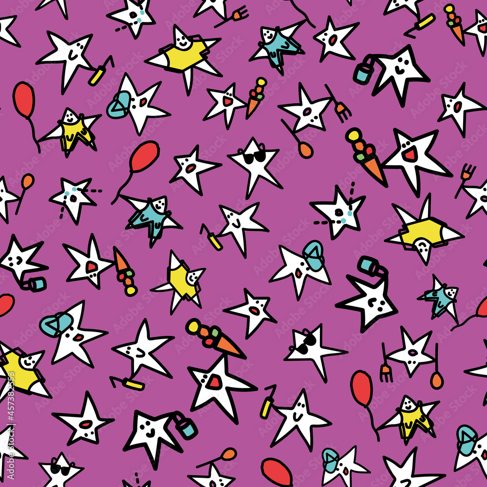 Vector Purple Funny and cool stars doodle background pattern