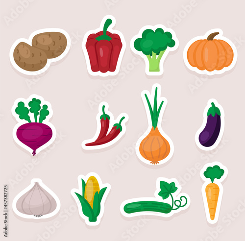 Set of cute vector stickers vegetables icons. Flat style.
