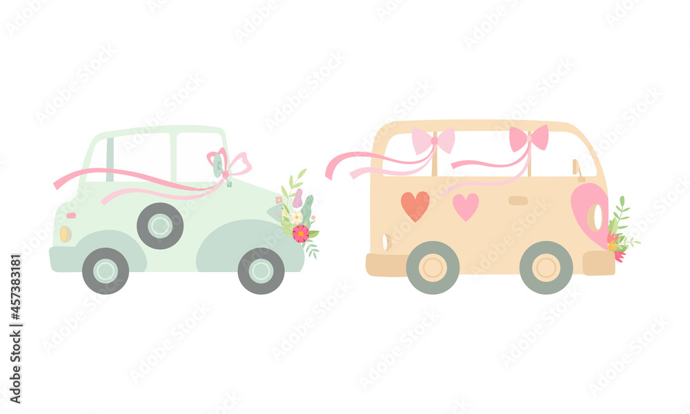 Fototapeta premium Vintage Car Decorated with Flowers and Ribbon as Wedding Retro Vehicle Vector Set