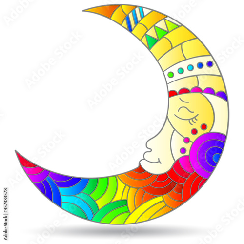 Stained glass illustration  with a  moon with faces, isolated on a white background 