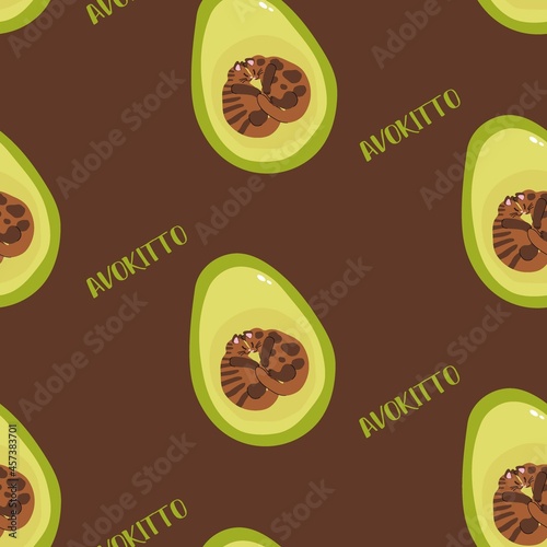 Seamless pattern with cute cartoon avocados with sleeping cats inside. Cozy vector pattern with avocado and cats. Cartoon child vector. For fabric, wallpaper or wrapping.